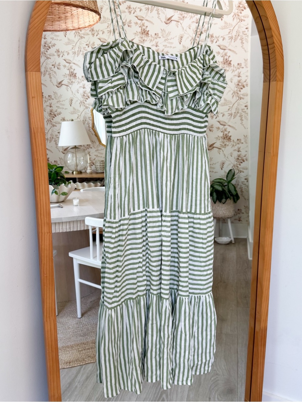 NWOT Zara Green and White Striped Ruffle Maxi Dress